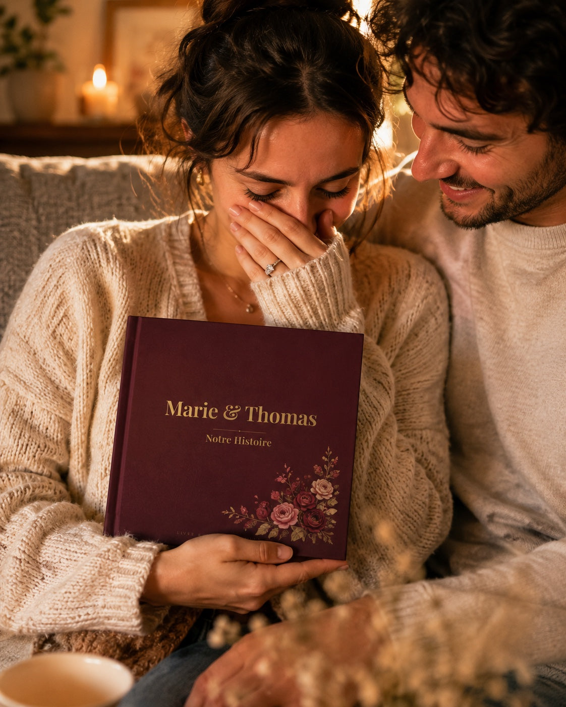 Un couple complice découvre son livre d'amour personnalisé