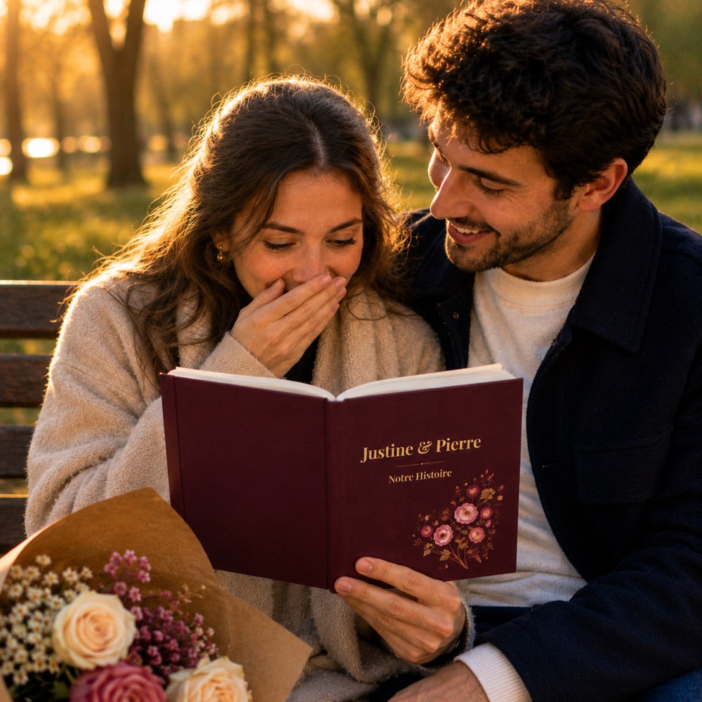 Justine découvre son livre sur un banc au soleil