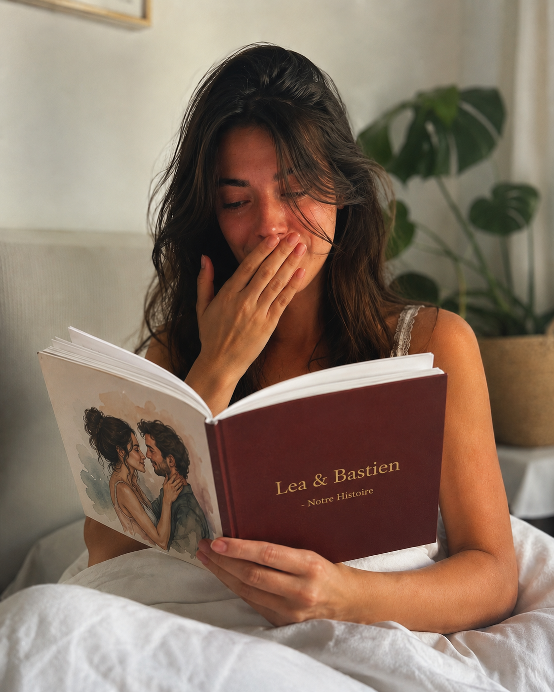Léa découvre son livre Léa et Bastien dans son lit le matin