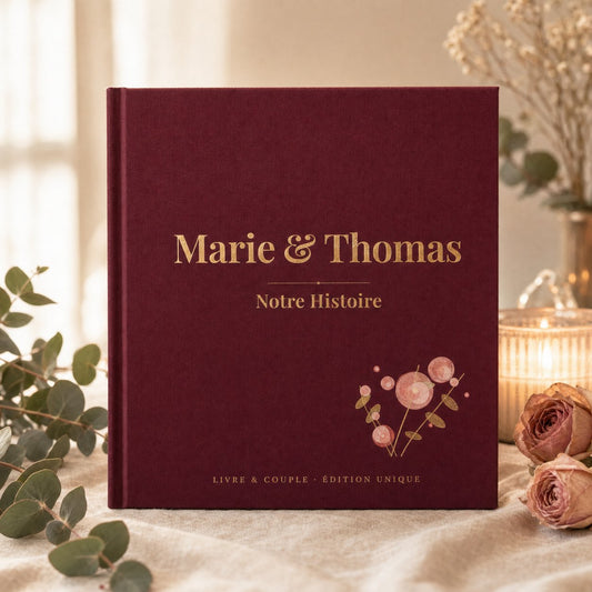 Livre d'amour personnalisé carré bordeaux « Marie & Thomas · Notre Histoire », titre dorure et rose aquarelle, sur lin crème