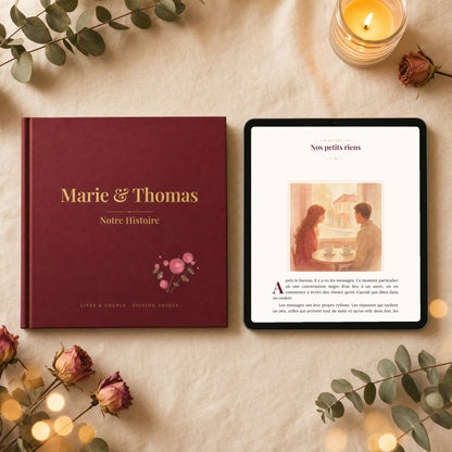 Les deux éditions Livre & Couple : livre relié bordeaux et édition digitale lue sur tablette (illustration aquarelle et texte du chapitre)