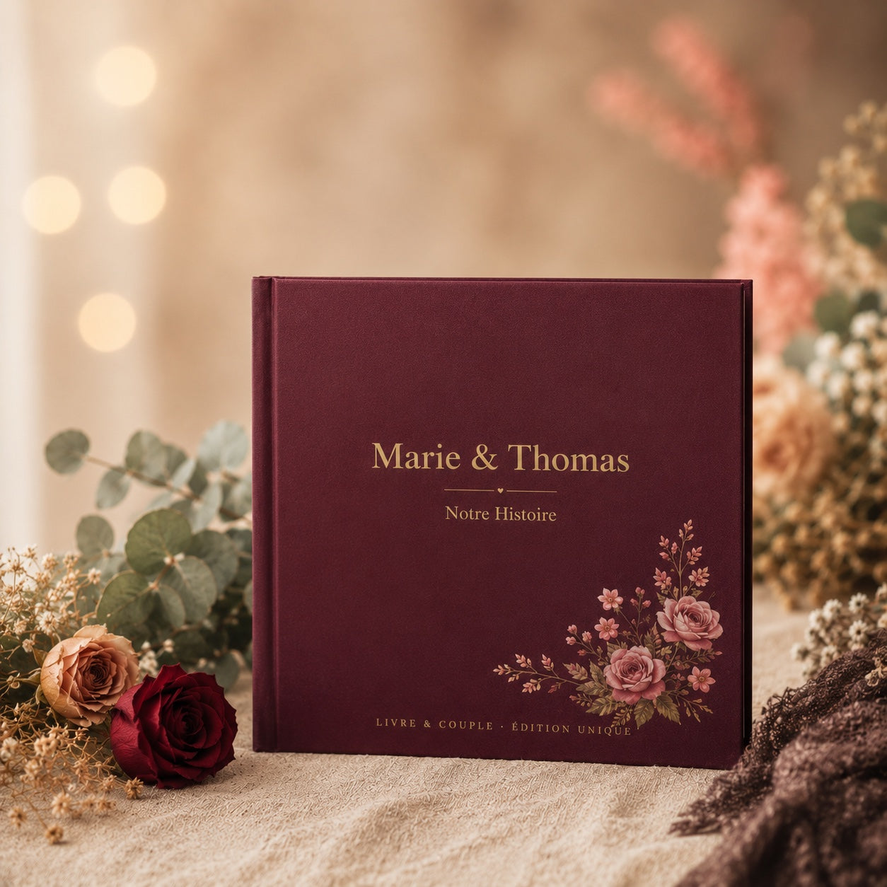 Livre & Couple — livre carré bordeaux « Marie & Thomas · Notre Histoire » avec bouquet doré, sur lin crème