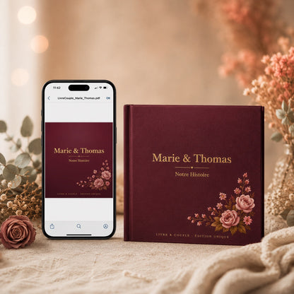 Comparaison des 2 formats Livre & Couple : Édition Digitale PDF carrée sur iPhone et Édition Reliée carrée bordeaux
