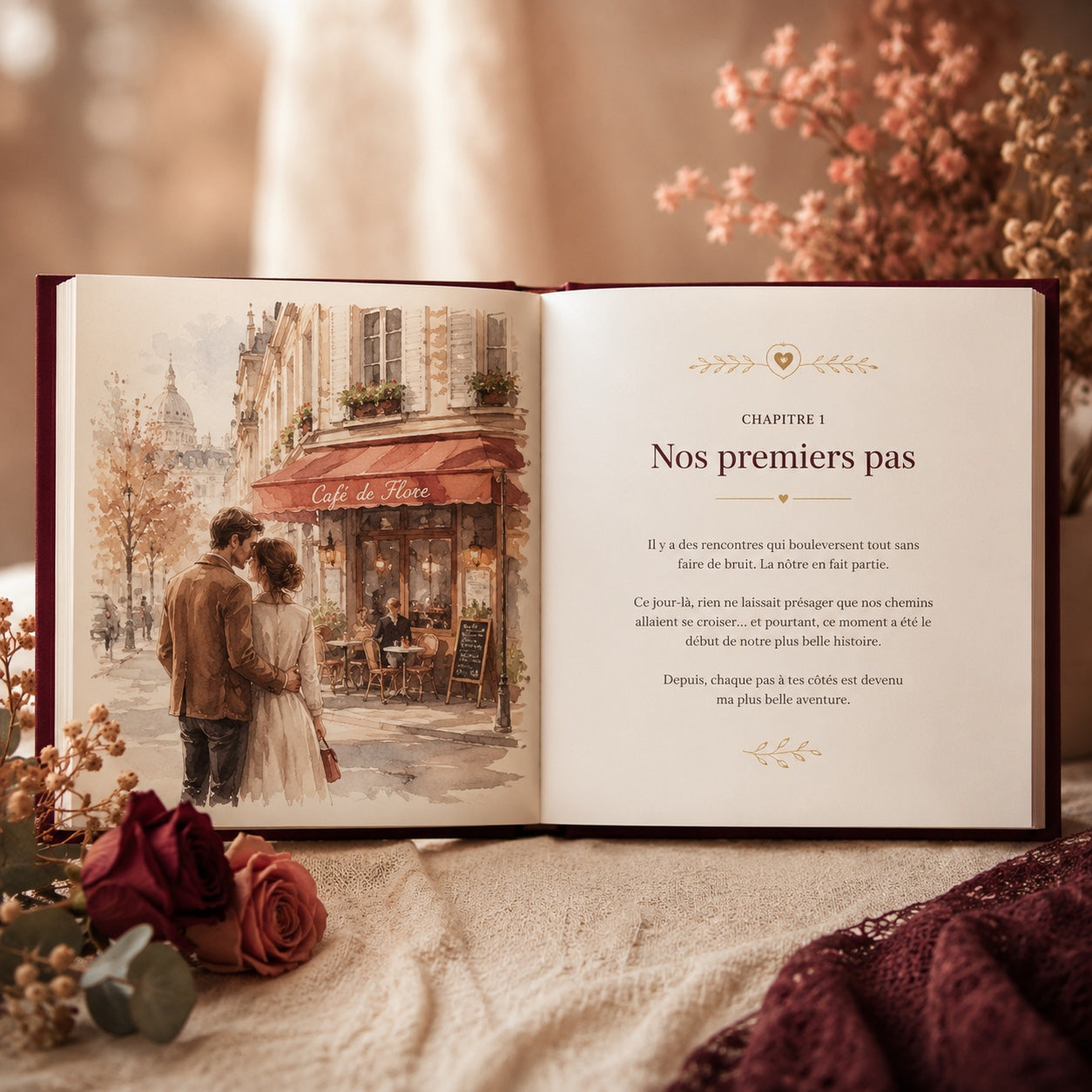 Livre & Couple ouvert : aquarelle d'un couple devant le Café de Flore, chapitre 1 Nos premiers pas