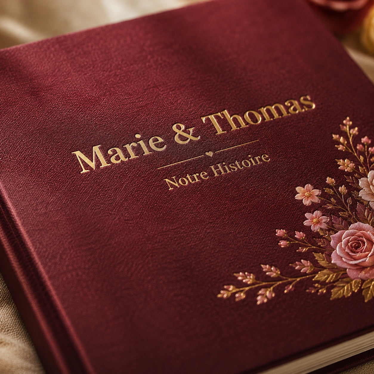 Macro de la couverture carrée bordeaux « Marie & Thomas » dorure et bouquet aquarelle