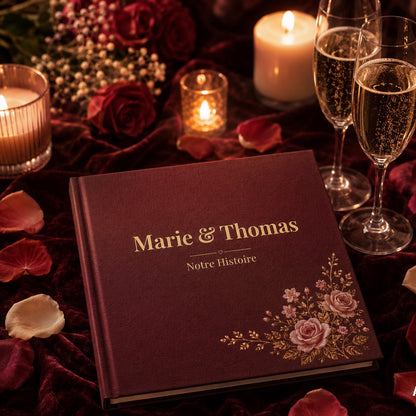 Livre carré « Marie & Thomas » ambiance Saint-Valentin : bougies, champagne, roses sur velours bordeaux