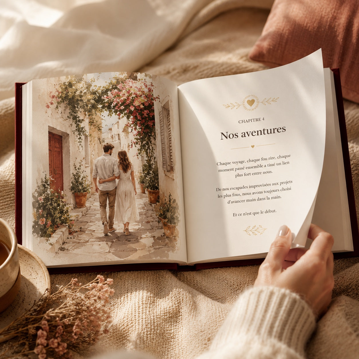 Page intérieure du livre montrant une illustration aquarelle d'un couple sur un banc