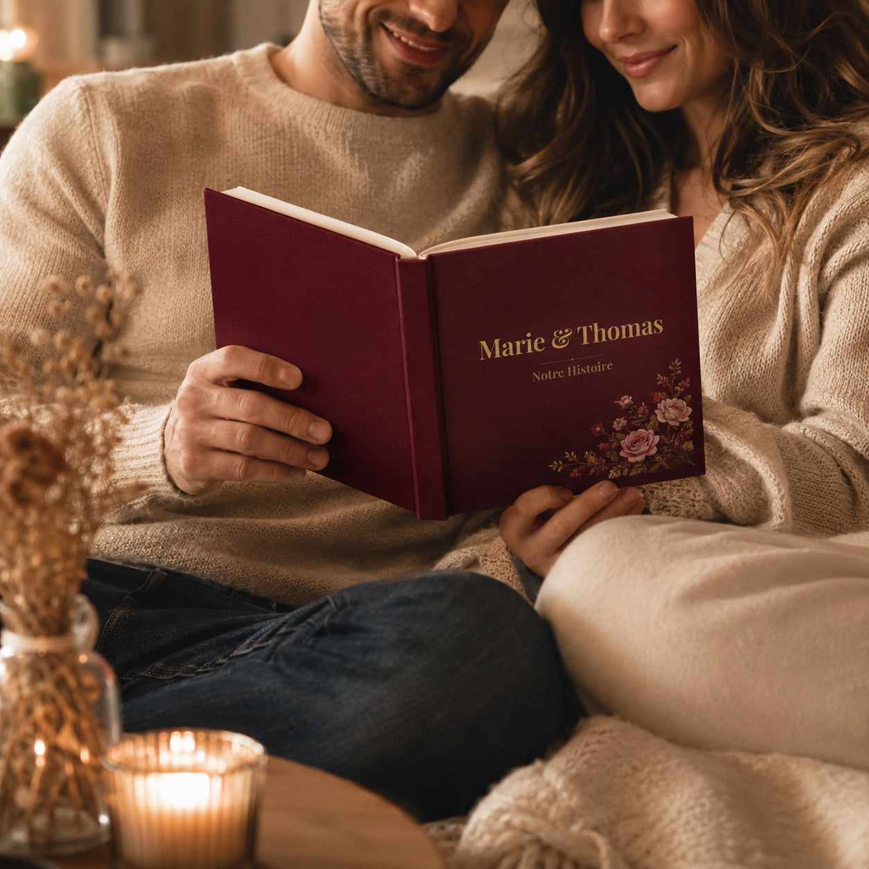 Un couple lit son livre d'amour ensemble sur un canapé