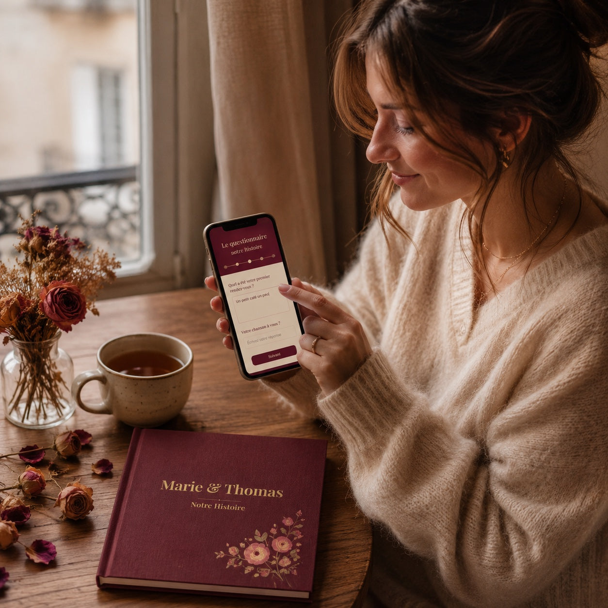 Une personne remplit le questionnaire d'amour sur son téléphone près d'une fenêtre