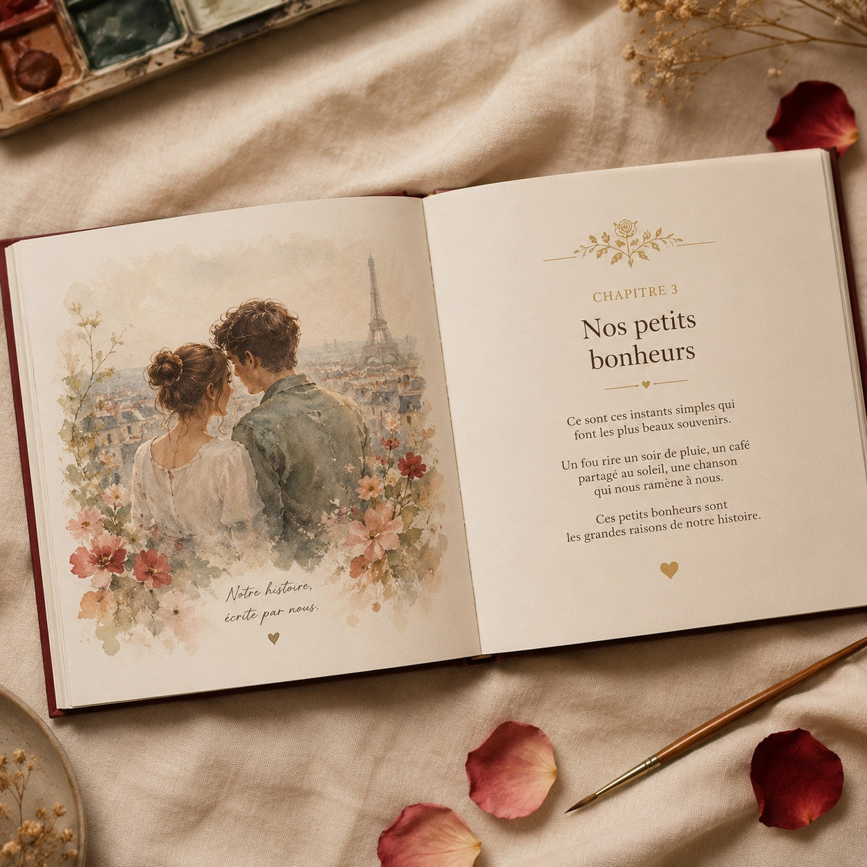 Une double page du livre en cours de création, illustration aquarelle d'un couple
