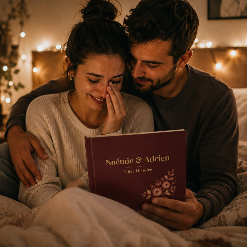 Noémie et Adrien lisent leur livre le soir sous la guirlande