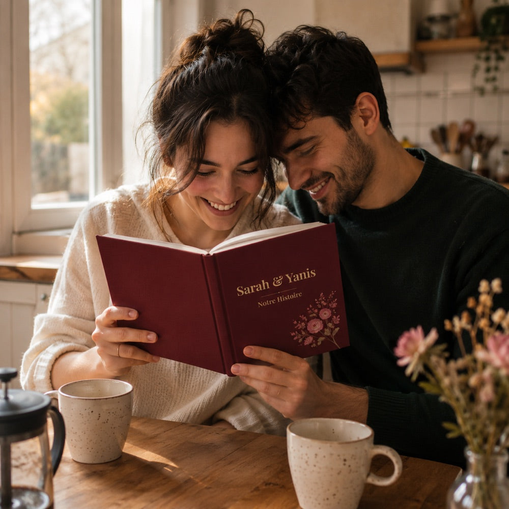 Sarah et Yanis lisent leur livre au petit-déjeuner